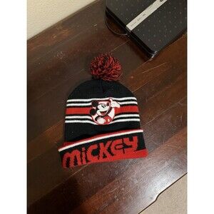 Disney Mickey Mouse Beanie Hat Cap Red White Black Pom Pom Boy Girl